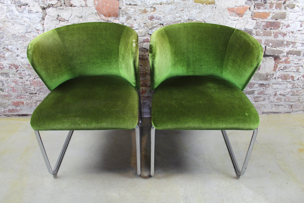 Set van 2 midcentury lounge fauteuiltjes, Chroom / Groen velours