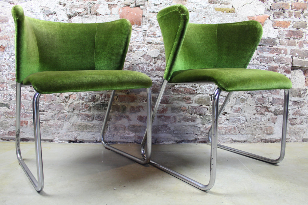 Set van 2 midcentury lounge fauteuiltjes, Chroom / Groen velours