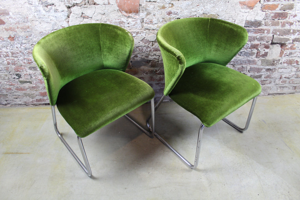 Set van 2 midcentury lounge fauteuiltjes, Chroom / Groen velours