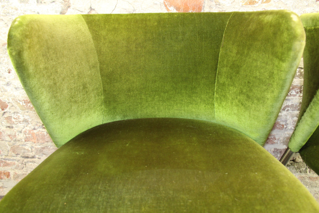 Set van 2 midcentury lounge fauteuiltjes, Chroom / Groen velours