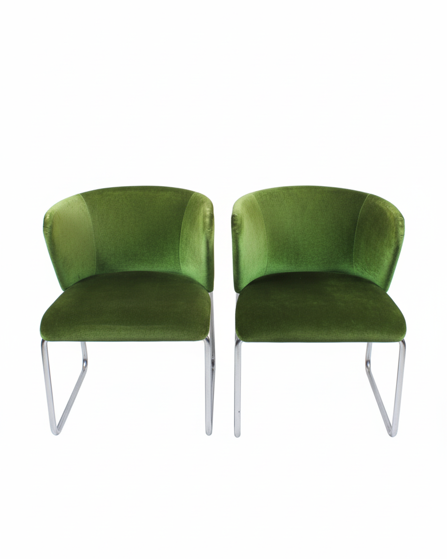 Set van 2 midcentury lounge fauteuiltjes, Chroom / Groen velours